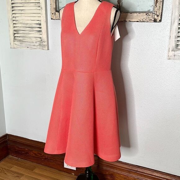 DKNY Womens A Line Sleeveless Waffle Mini Dress Pleated Coral Size 14 NWT - Picture 1 of 13